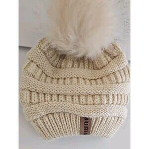 Queenfur Women Creme Chunky Knit Beanie Large Fur Pom Pom One Size Fits Most
